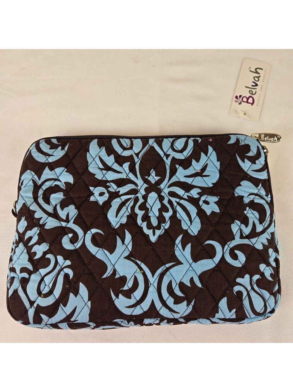 Belvah Blue Brown Quilted Clutch Wristlet Double Zipper Floral/Polka Dots NWT